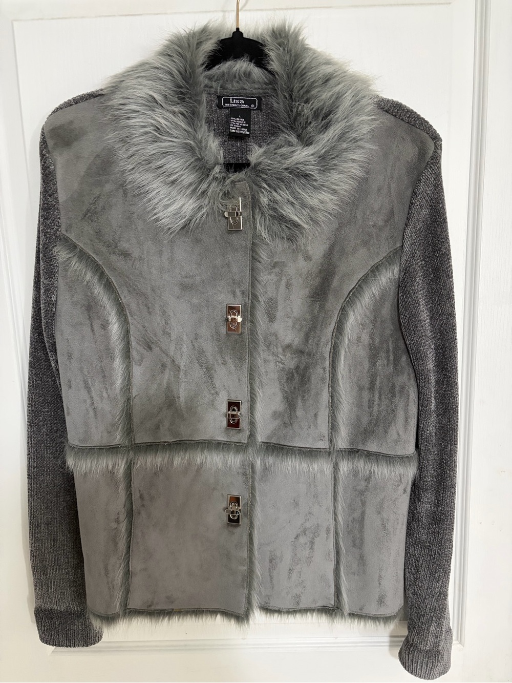 Vintage Lisa International grey faux suede with faux fur collar , knit sleeves